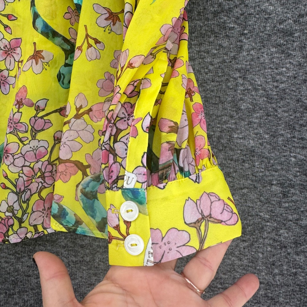 Dauphinette Yellow Cherry Blossom Snake Print Lantern Puff Sleeve Blouse size S - Picture 4 of 9